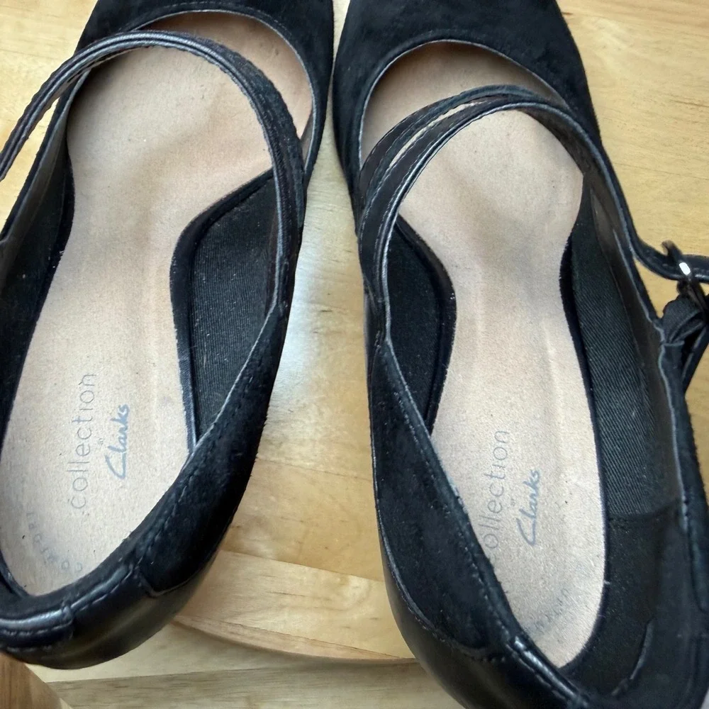 Clarks Womens Black Suede Leather Mary Jane‎ Pumps Buckle Strap Heels Round Toe